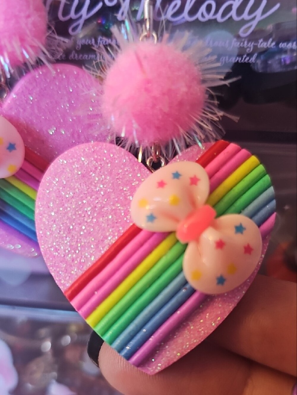 Pink Rainbow Heart Drop Earrings with Bow Accent - Cute Girls Jewelry - Picture 2 of 4